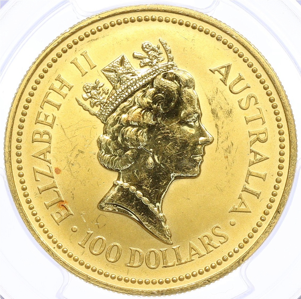 100 долларов 1990 года Австралия «Австралийский самородок — Рыжий кенгуру» в слабе PCGS (MS63) — Фото №2