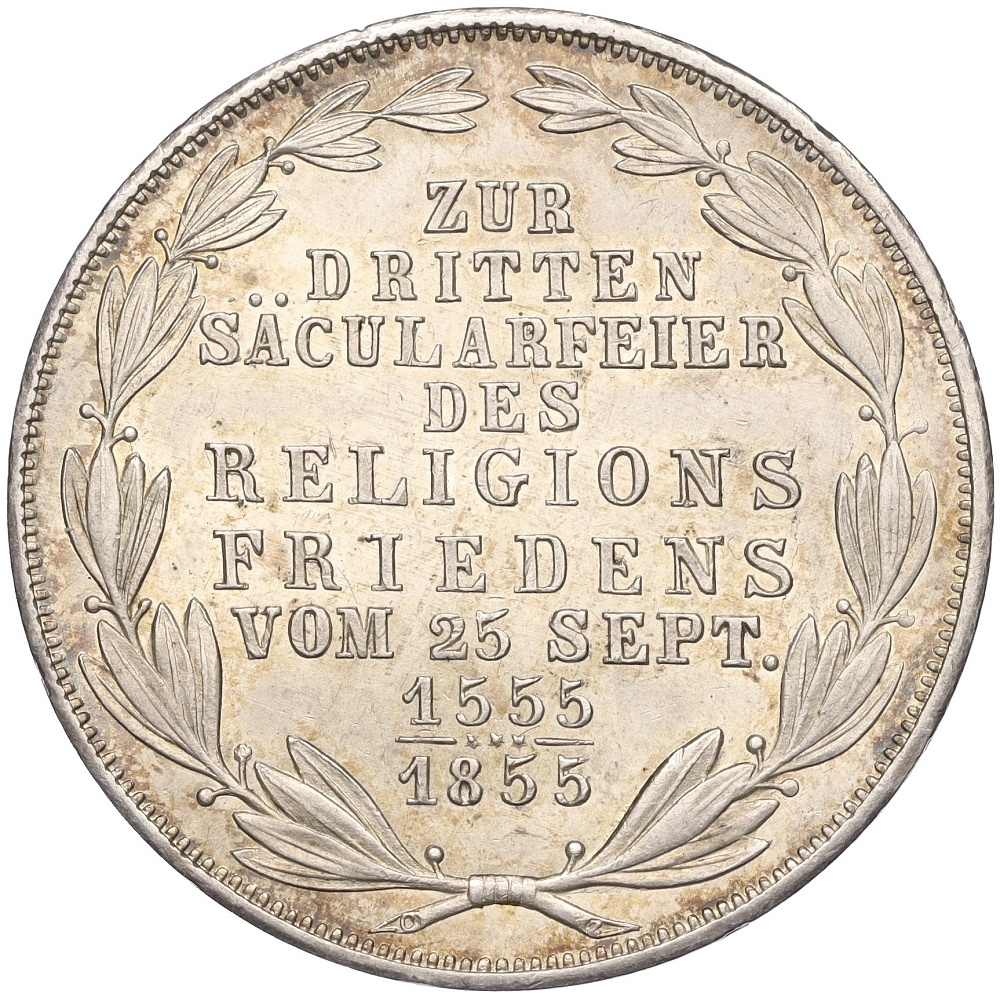 2 гульдена 1855 года Франкфурт «300 лет религиозному миру» — Фото №1