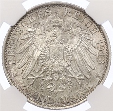 2 марки 1913 года Германия (Пруссия) «25 лет правлению Вильгельма II» в слабе NGC (MS65) — Фото №2
