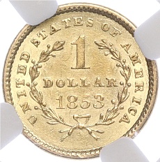 1 доллар 1853 года США — в слабе NGC (UNC details) — Фото №1