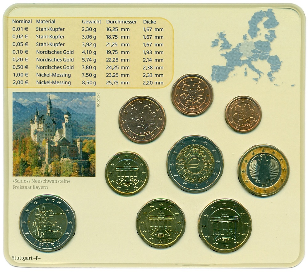 Набор из 9 евромонет 2012 года F Германия — Фото №2