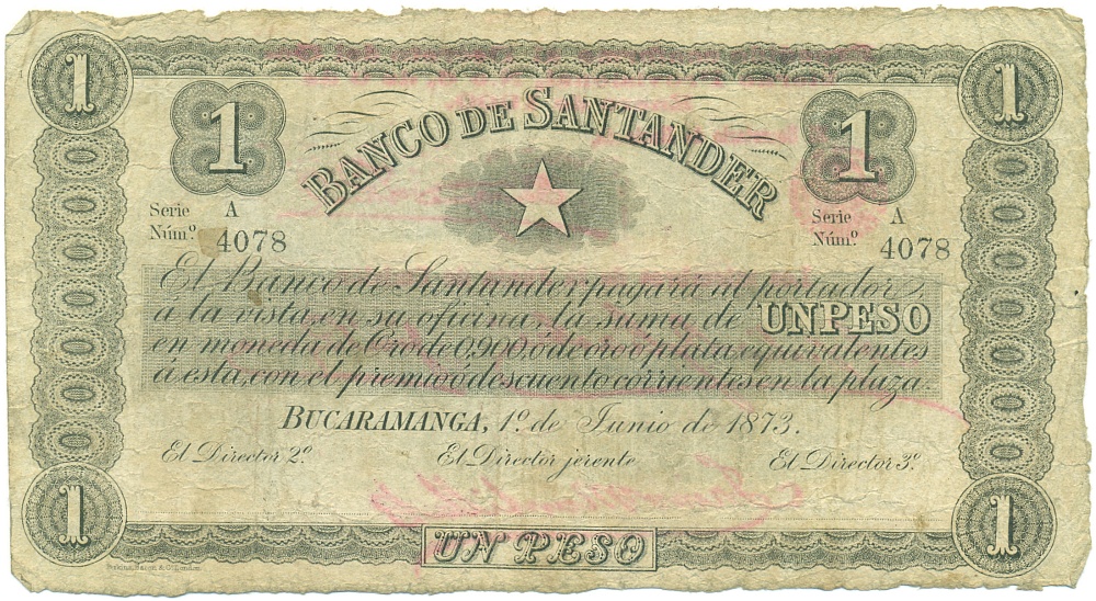 1 песо 1873 года Колумбия — Банк Сантандера — Фото №1