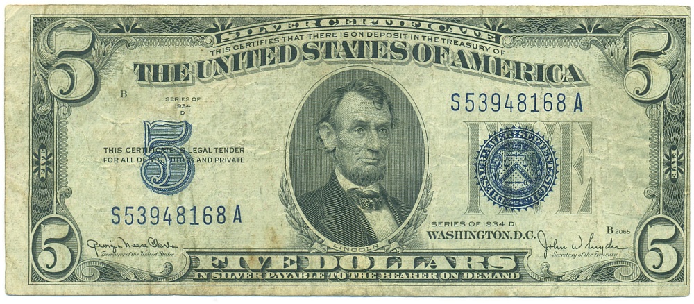 5 долларов 1934 года США «Серебряный сертификат» — Фото №1