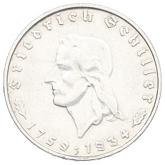 2 рейхсмарки 1934 года F Германия «175 лет со дня рождения Фридриха Шиллера» — Фото №1