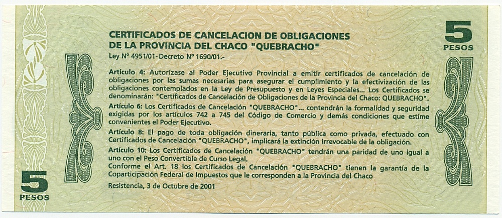 5 песо 2001 года Аргентина — Провинция Чако — Фото №2