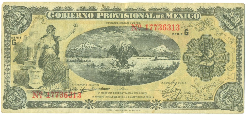 2 песо 1915 года Мексика (Временное правительство) — Фото №1