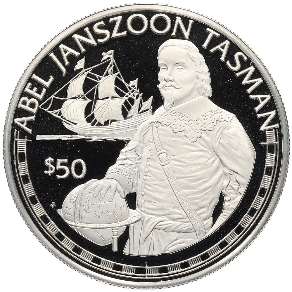 50 долларов 1988 года Острова Кука «Великие исследователи — Абел Янсзон Тасман» — Фото №1