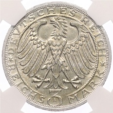 3 рейхсмарки 1928 года A Германия «900 лет Наумбургу» в слабе NGC (UNC Details) — Фото №2