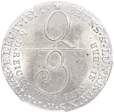 2/3 талера 1814 года Ганновер (Георг III) — в слабе PCGS (Топ-грейд MS62) — Фото №2