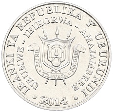 5 франков 2014 года Бурунди «Птицы — Калао-трубач» — Фото №2