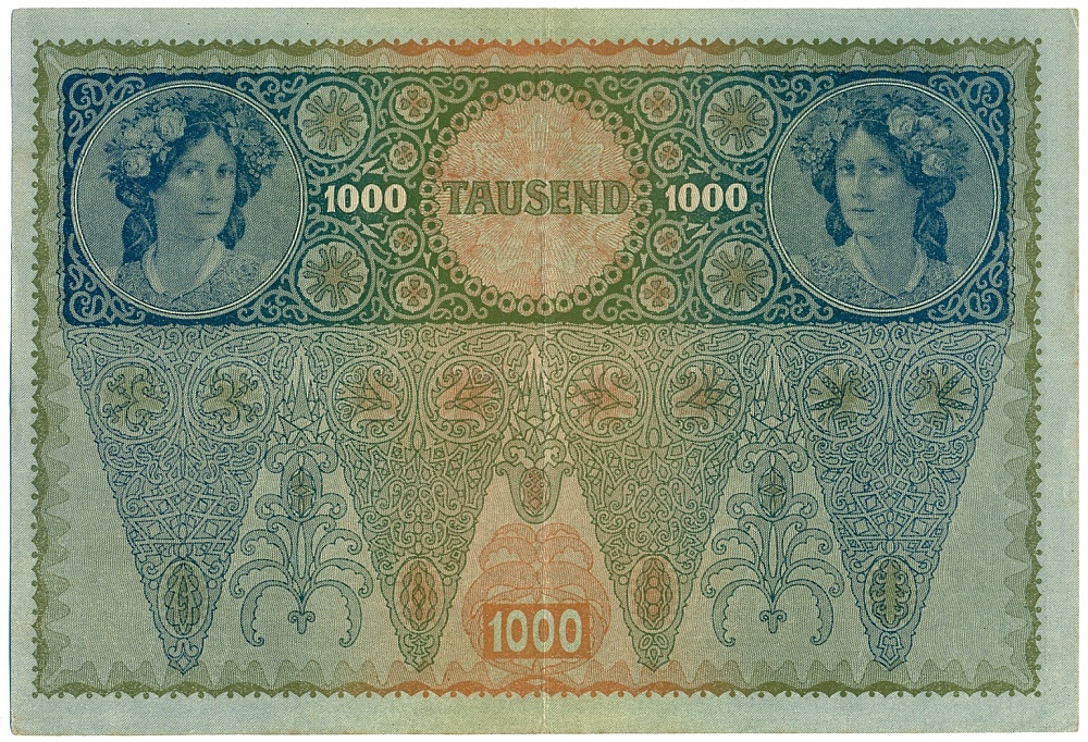 1000 крон 1919 года Австрия (Горизонтальная красная надпечатка на 1000 кронах 1902 года) — Фото №2