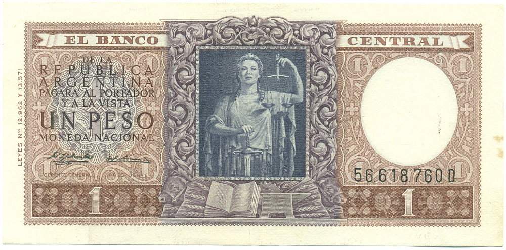 1 песо 1956-1957 года Аргентина — Фото №1