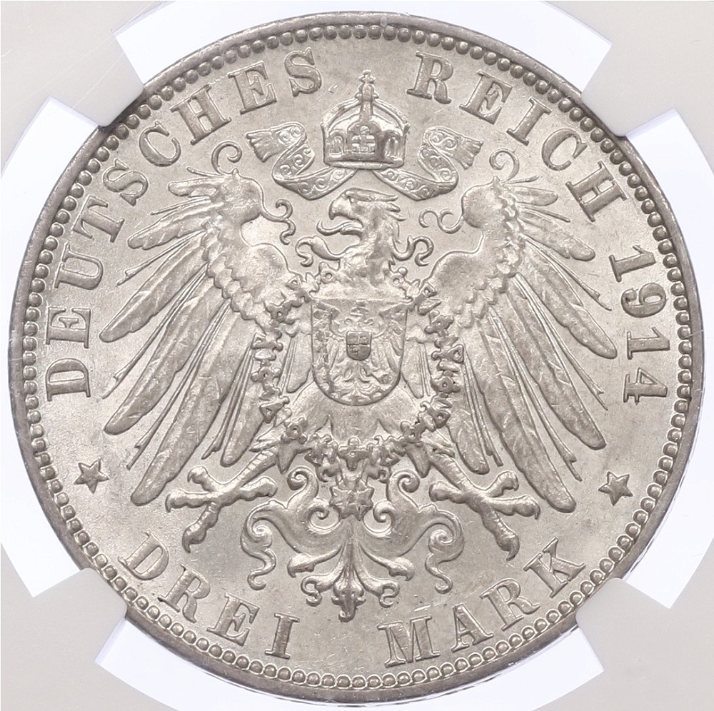 3 марки 1914 года Германия (Гамбург) в слабе NGC (MS64) — Фото №2