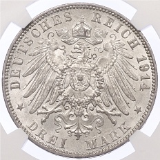 3 марки 1914 года Германия (Гамбург) в слабе NGC (MS64) — Фото №2