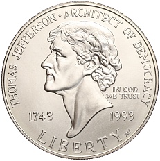 1 доллар 1993 года P США «250 лет со дня рождения Томаса Джефферсона» — Фото №1