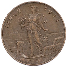 2 чентезимо 1911 года Италия — Фото №1