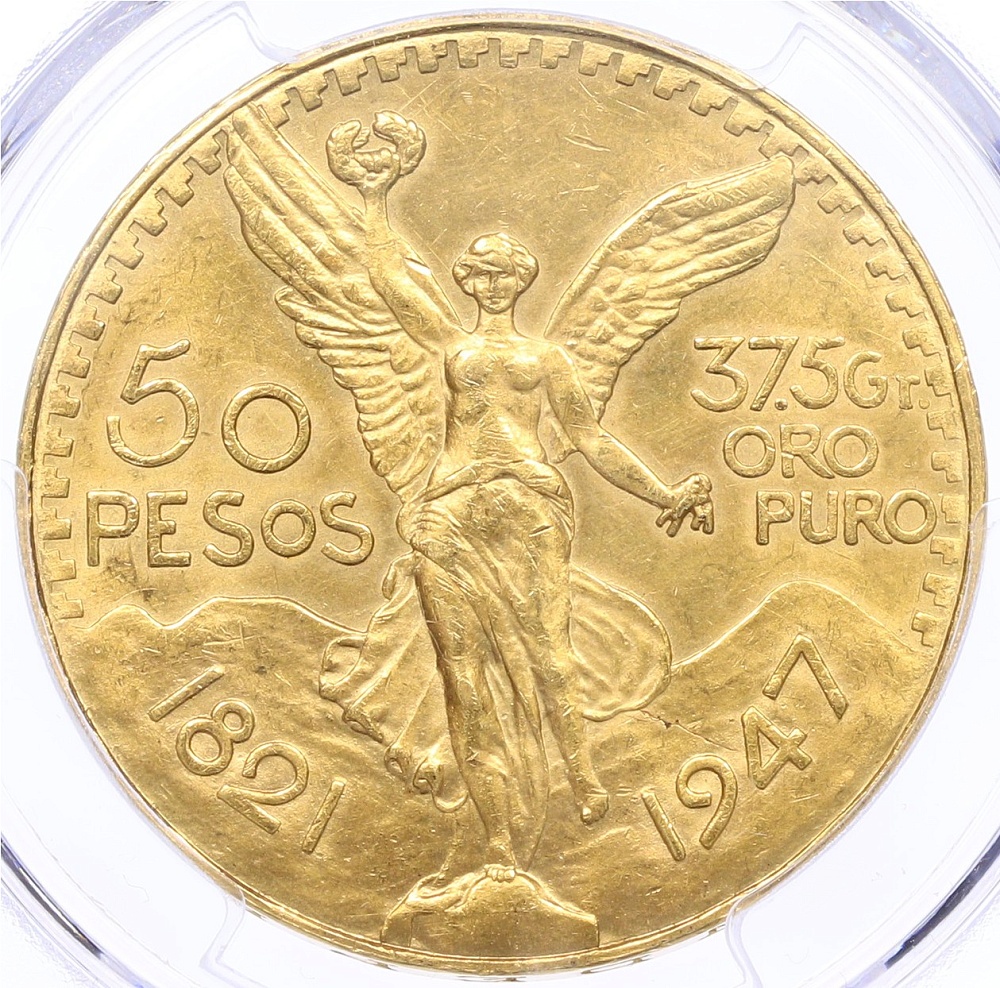 50 песо 1947 года Мексика — в слабе PCGS (MS62) — Фото №1