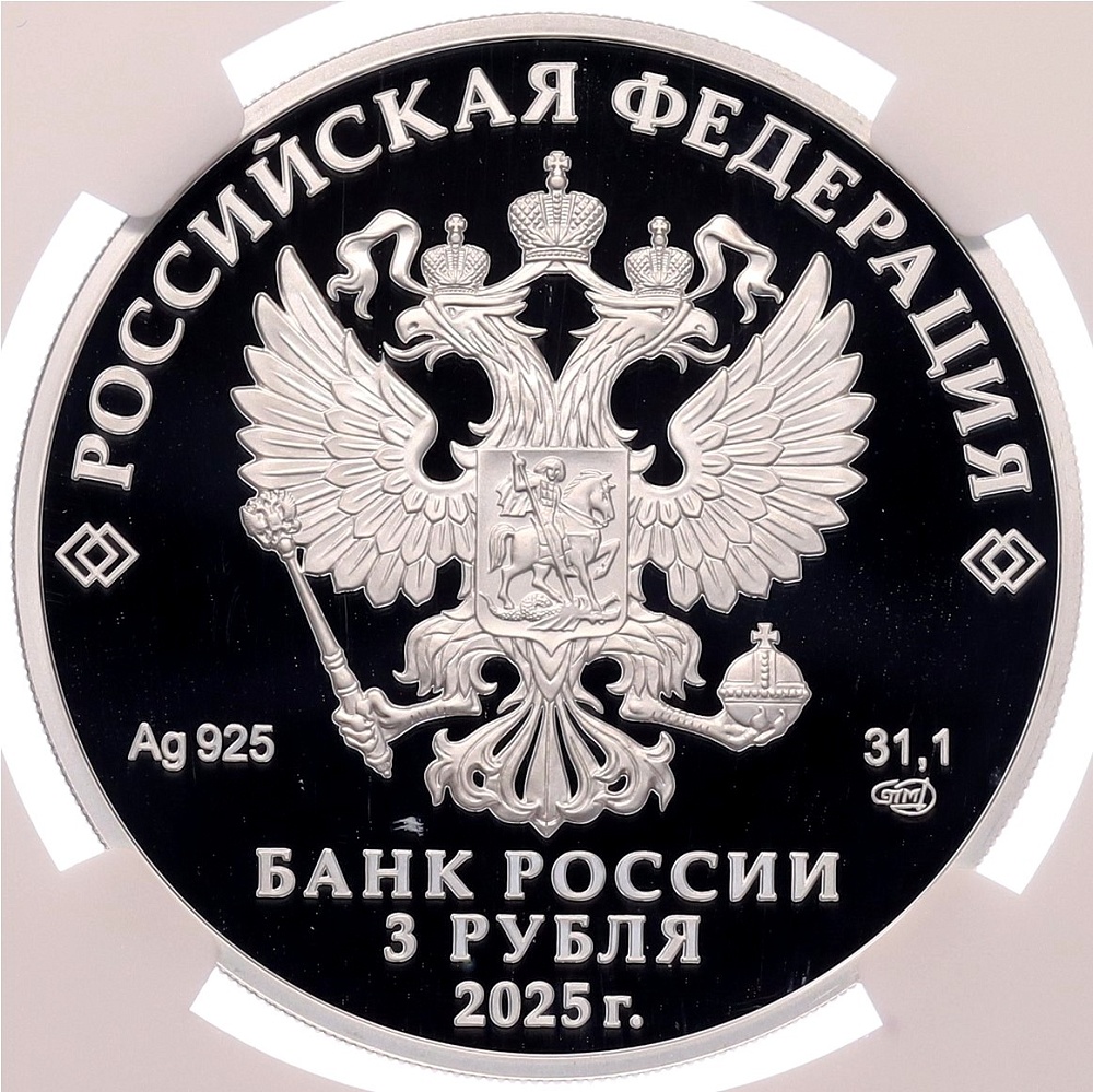 3 рубля 2025 года СПМД «100 лет Всероссийскому обществу слепых» в слабе NGC (PF70 ULTRA CAMEO) — Фото №2