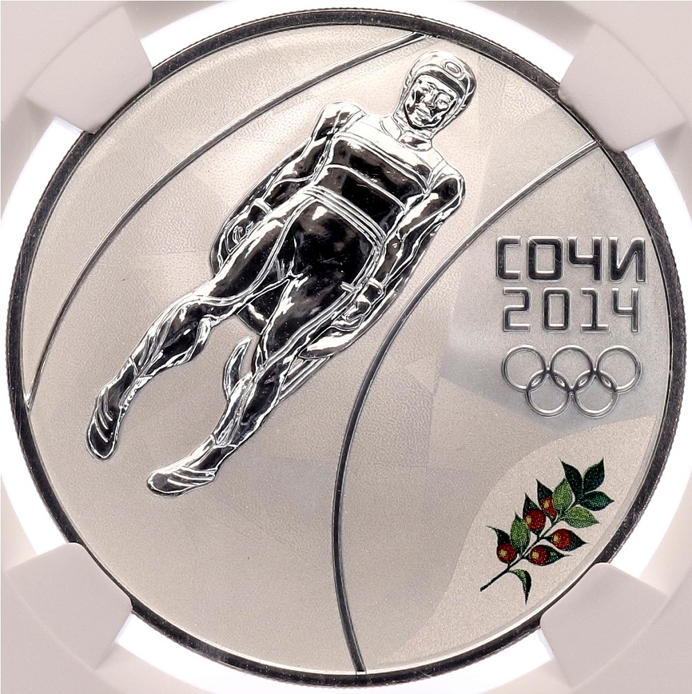 3 рубля 2014 года СПМД «XXII зимние Олимпийские Игры 2014 в Сочи — Санный спорт» в слабе NGC (Топ-грейд PF70 ULTRA CAMEO) — Фото №1