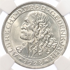 3 рейхсмарки 1928 года D Германия «400 лет со дня смерти Альбрехта Дюрера» в слабе NGC (UNC Details) — Фото №1