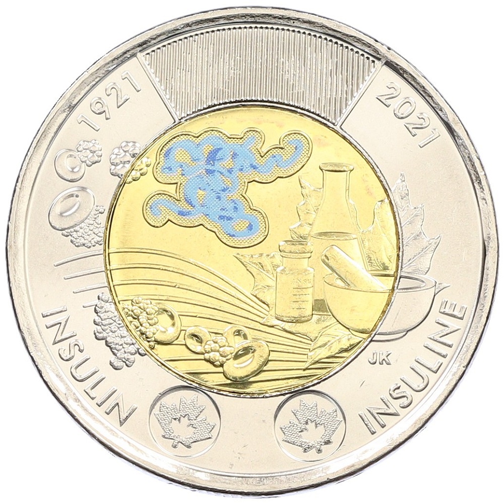 2 доллара 2021 года Канада «100 лет открытию инсулина» (Цветное покрытие) — Фото №1