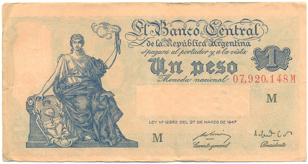 1 песо 1951-1952 года Аргентина — Фото №1