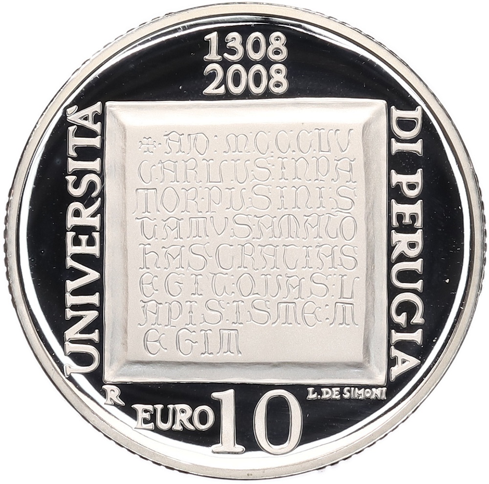 10 евро 2008 года Италия «700 лет Университету Перуджи» — Фото №1