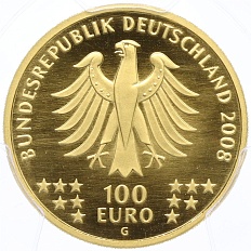 100 евро 2008 года G Германия «Мировое наследие ЮНЕСКО — Гослар» в слабе PCGS (MS70) — Фото №2