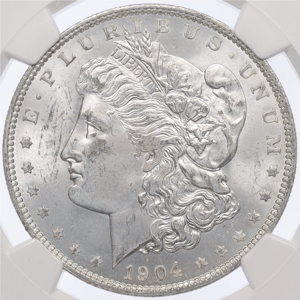 1 доллар 1904 года О США «Доллар Моргана» в слабе NGC (MS63) — Фото №1