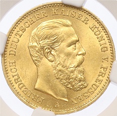 20 марок 1888 года Германия (Пруссия) в слабе NGC (MS63) — Фото №1