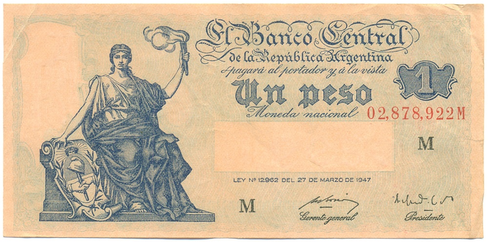 1 песо 1951-1952 года Аргентина — Фото №1