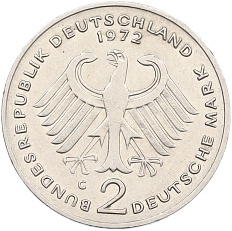 2 марки 1972 года G Западная Германия (ФРГ) «Конрад Аденауэр» — Фото №2