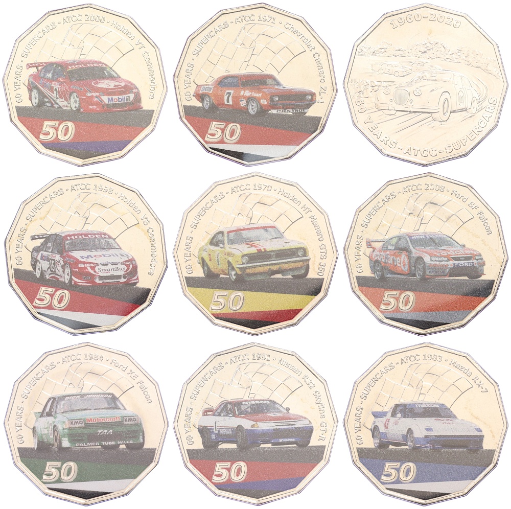 Набор из 9 монет 50 центов 2020 года Австралия «Суперкары» — Фото №1