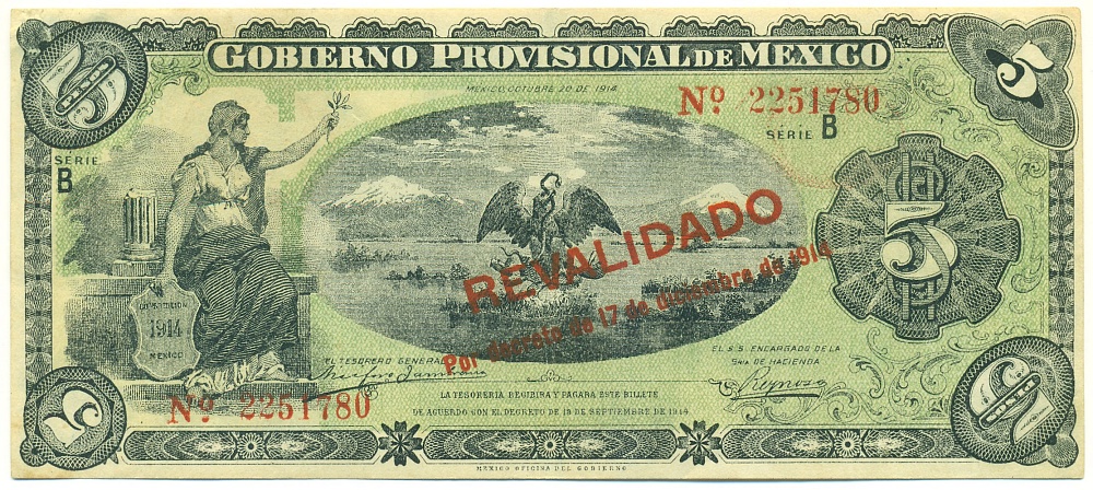 5 песо 1914 года Мексика (Надпечатка REVALIDADO) — Фото №1