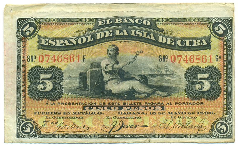 5 песо 1896 года Испанская Куба (Надпечатка PLATA) — Фото №1