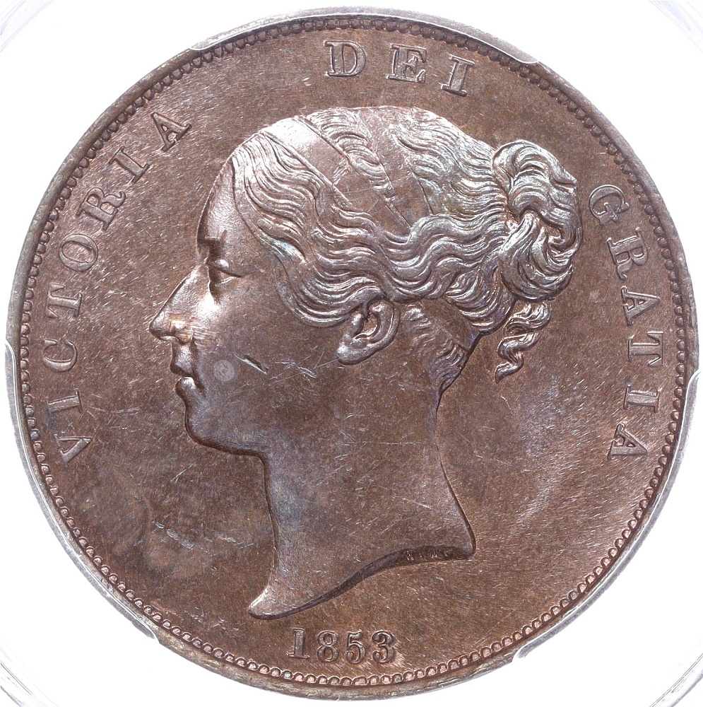 1 пенни 1853 года Великобритания (Королева Виктория)- в слабе PCGS (MS63BN) — Фото №1