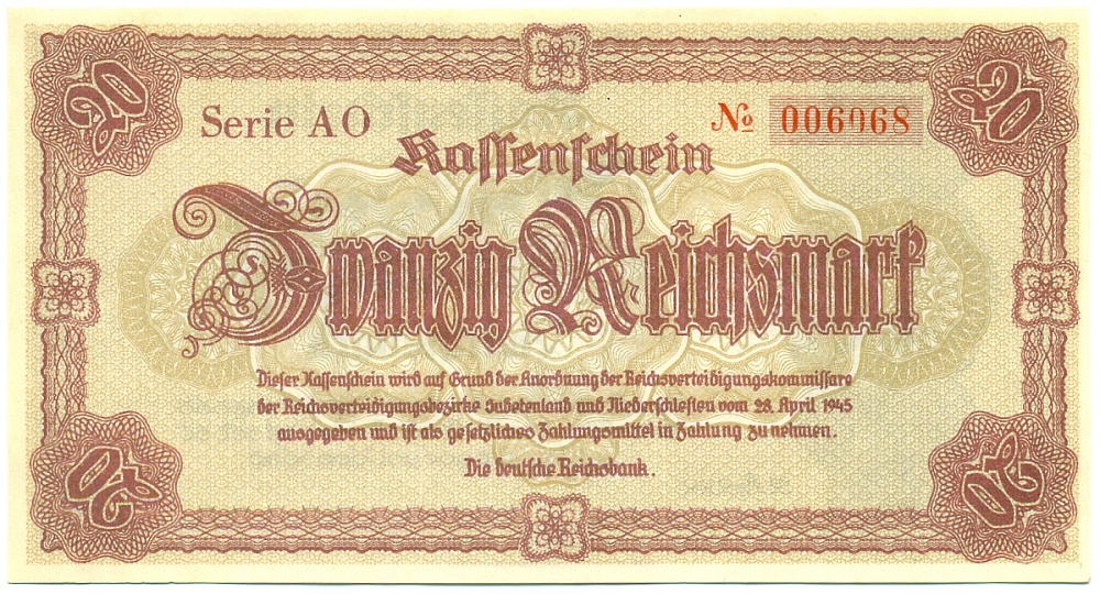 20 рейхсмарок 1945 года Германия (Нижняя Силезия и Судетская область) — Фото №1
