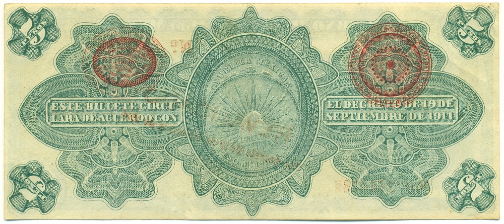 5 песо 1914 года Мексика (Надпечатка REVALIDADO) — Фото №2