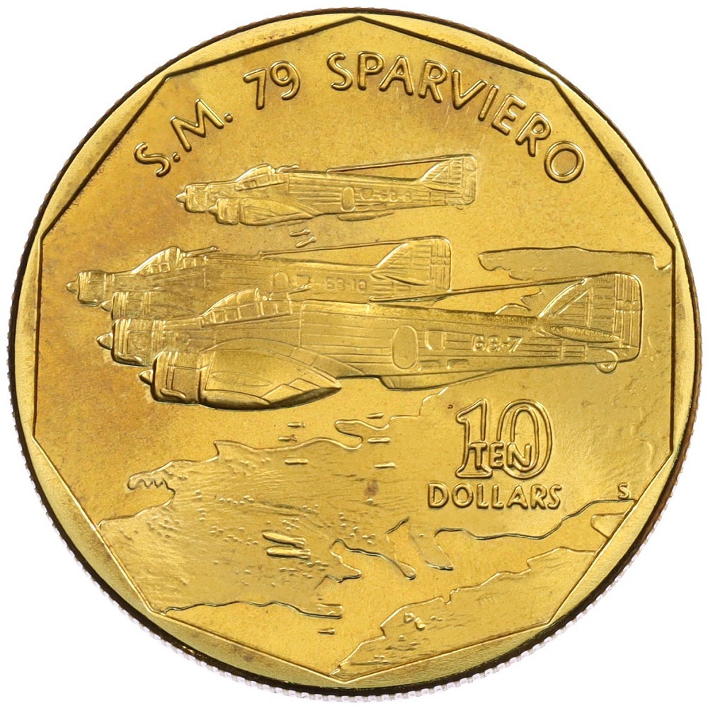 10 долларов 1991 года Маршалловы Острова «Самолеты Второй Мировой войны — Savoia-Marchetti SM 79 Sparviero» — Фото №1