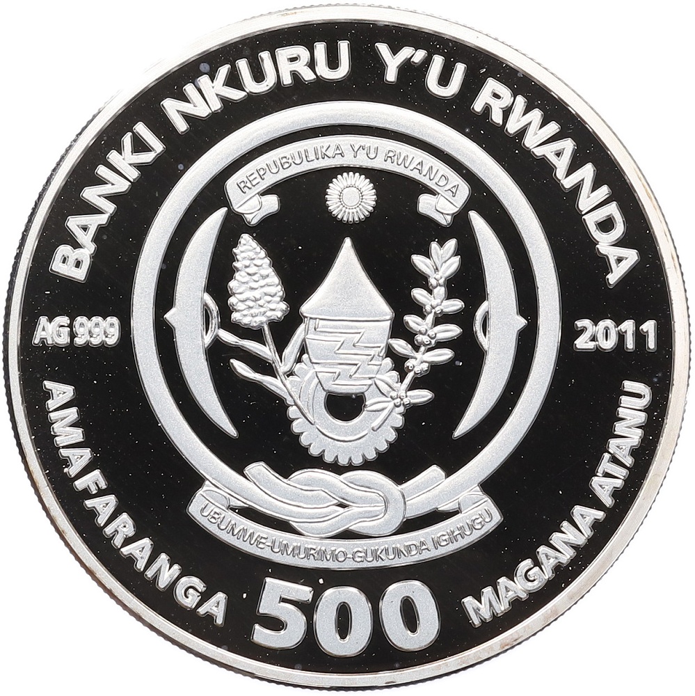 500 франков 2011 года Руанда «Кошки — Русская голубая» — Фото №2