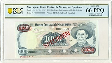 1000 кордоб 1984 (1985) года Никарагуа (ОБРАЗЕЦ) в слабе PCGS (Gem UNC 66) — Фото №1