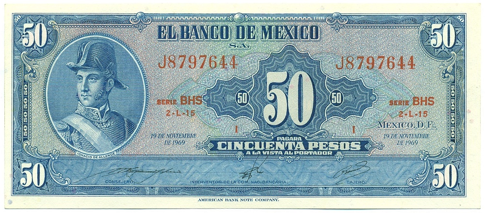 50 песо 1969 года Мексика (Красная печать) — Фото №1