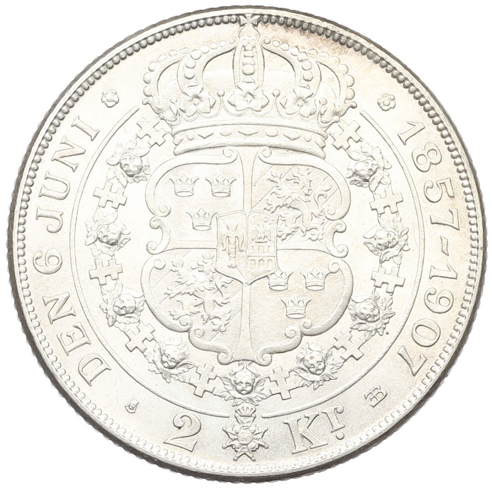 2 кроны 1907 года Швеция «50 лет свадьбе Короля Оскара II и Леди Софии» — Фото №2