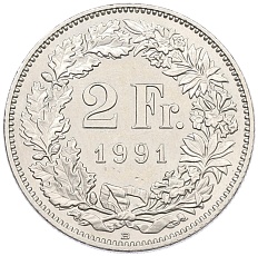 2 франка 1991 года Швейцария — Фото №1