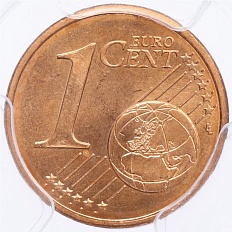 1 евроцент 1999-2024 года Брак (аверс-аверс) — в слабе PCGS (MS66RD) — Фото №2