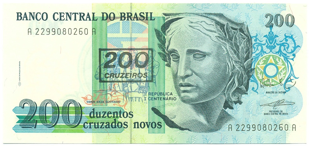 200 крузейро 1990 года Бразилия (Надпечатка на 200 новых крузадо) — Фото №1