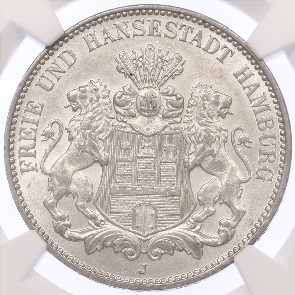 3 марки 1914 года Германия (Гамбург) в слабе NGC (MS64) — Фото №1