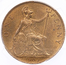 1 пенни 1902 года Великобритания (Король Эдуард VII) в слабе PCGS (MS64RB) — Фото №1