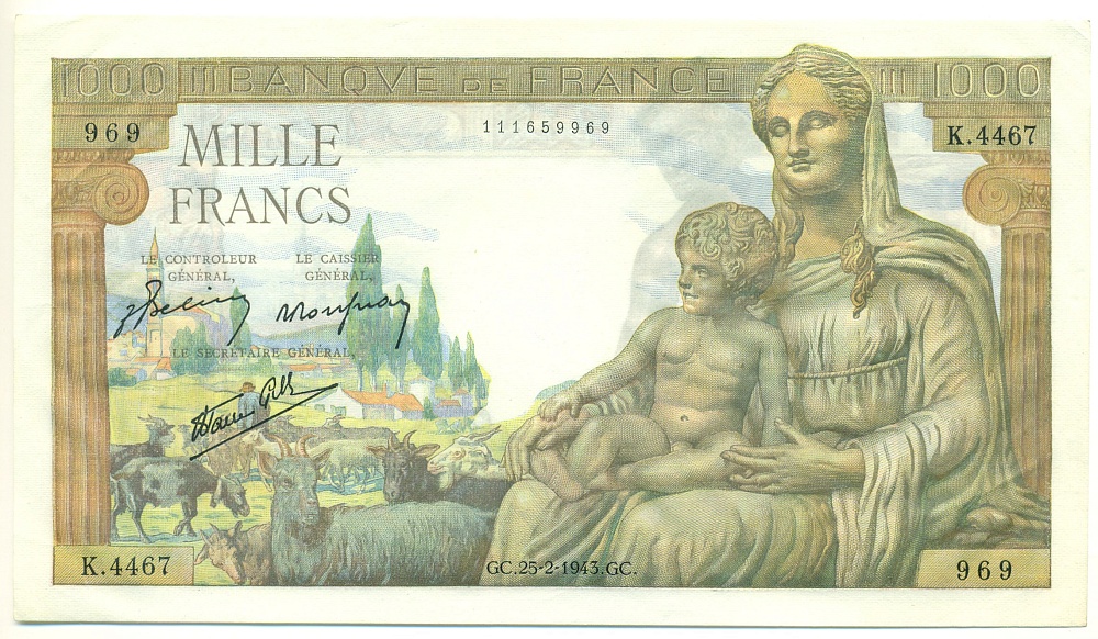 1000 франков 1943 года Франция — Фото №1