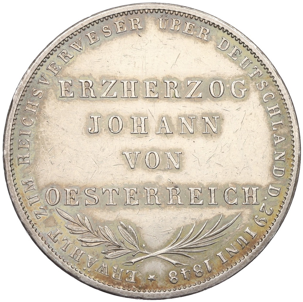 2 гульдена 1848 года Франкфурт «Избрание австрийского принца Йоханна викарием» — Фото №1